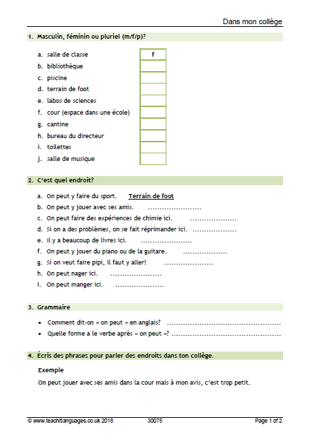 Reading and writing worksheet | School facilities | KS3 French teaching ...