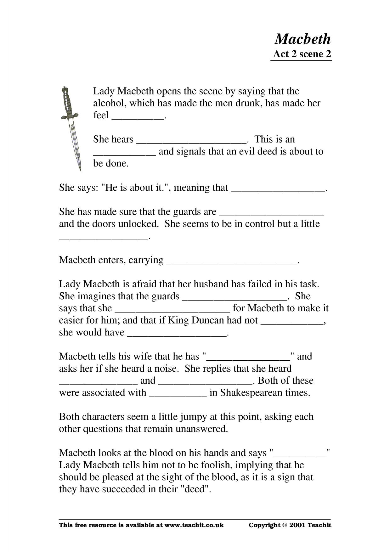 Cloze summary for Act 2 Scene 2|Macbeth|KS3 English|Teachit