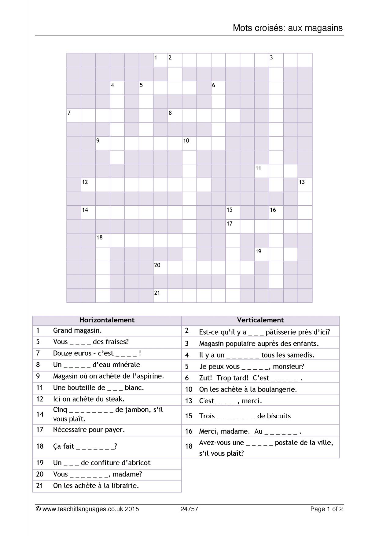 Crossword puzzle | Shopping | KS3 French teaching resource