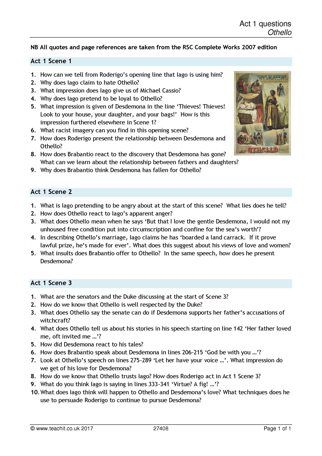 Act 1 questions: Othello | A-level | Teachit