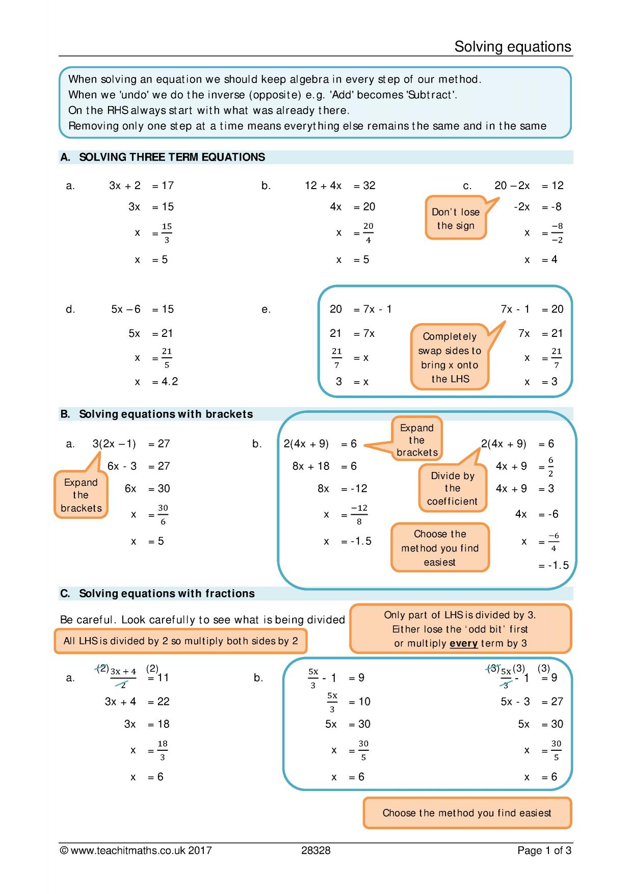 Solving Equations Review Sheet Ks3 4 Maths Teachit