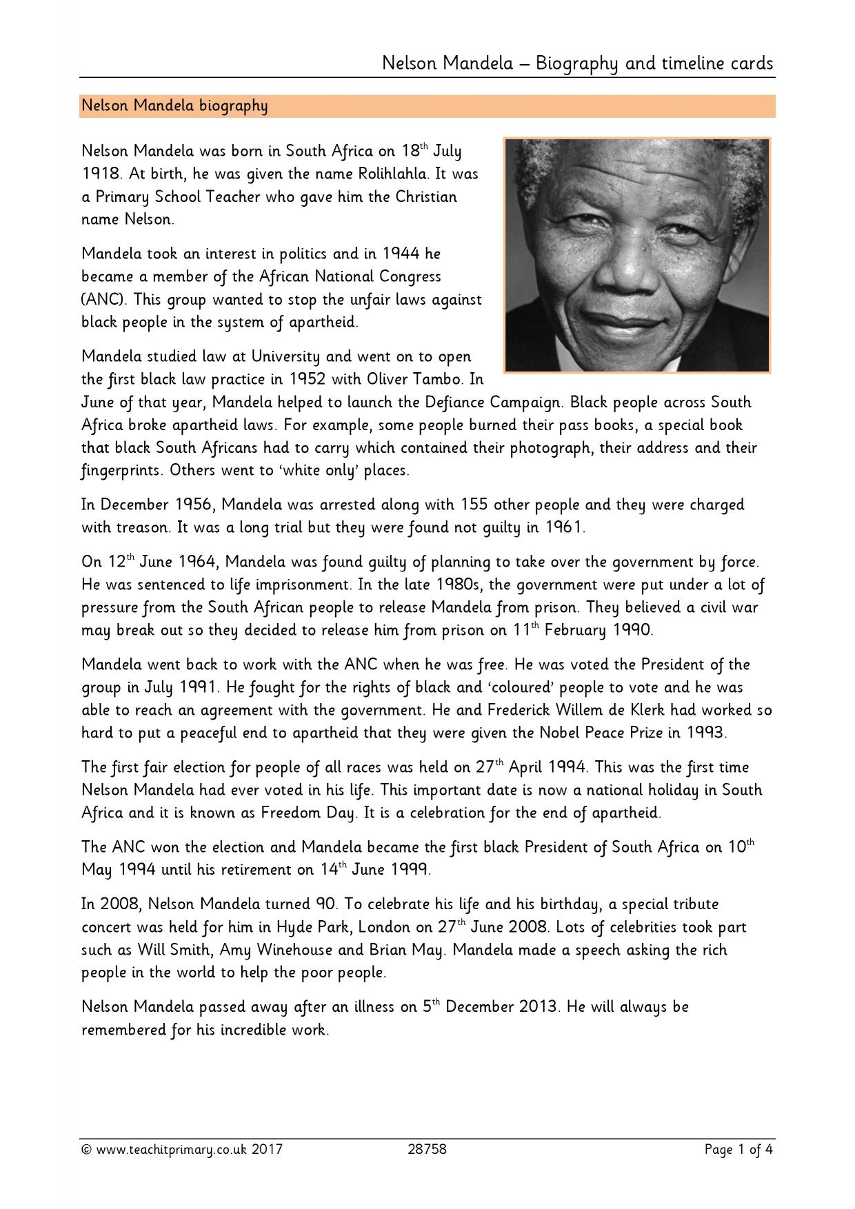 Nelson Mandela timeline | KS2 History | Teachit
