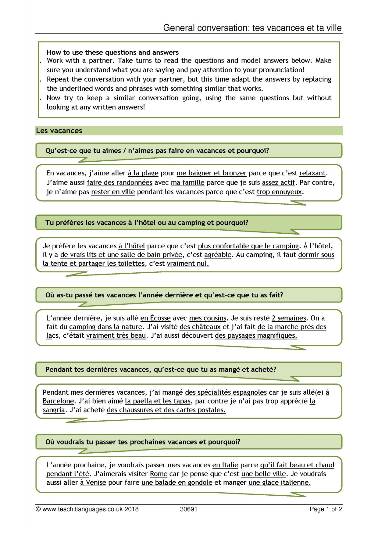 General conversation | Holidays and town | KS4 French teaching resource |  Teachit