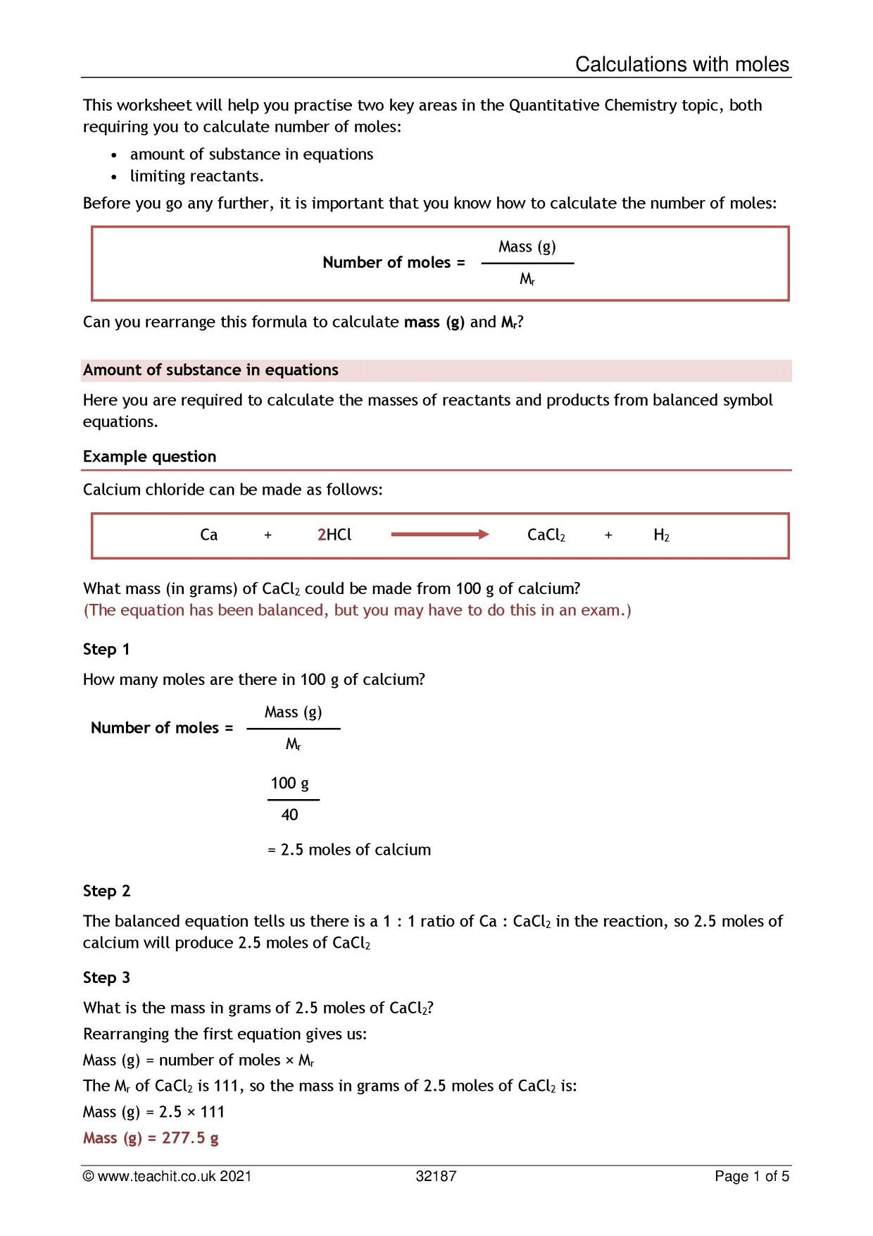 Using moles to calculate amount of substance/limiting reactants | GCSE  Science | Teachit Science