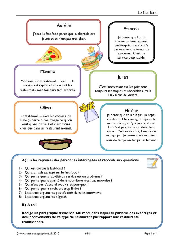 Reading worksheet | Food and drink | KS3-4 French teaching resource |  Teachit