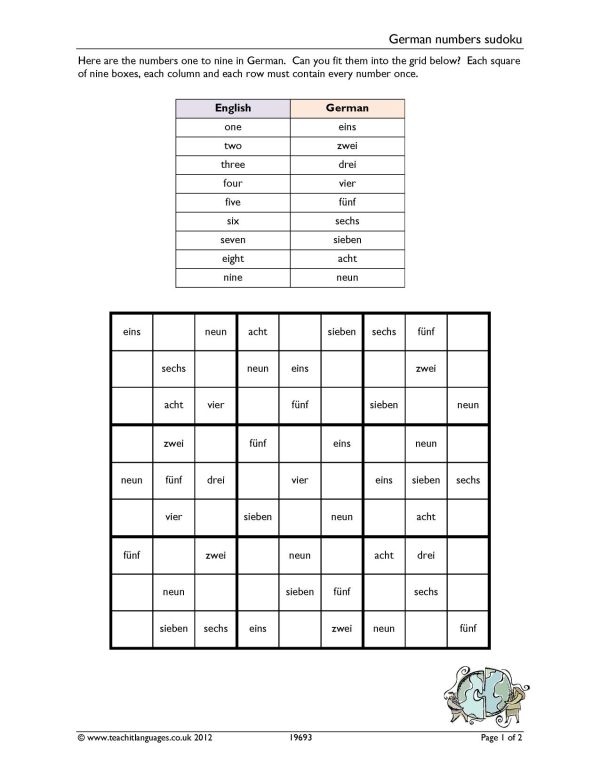 Sudoku puzzle | Numbers | KS3 German teaching resource | Teachit