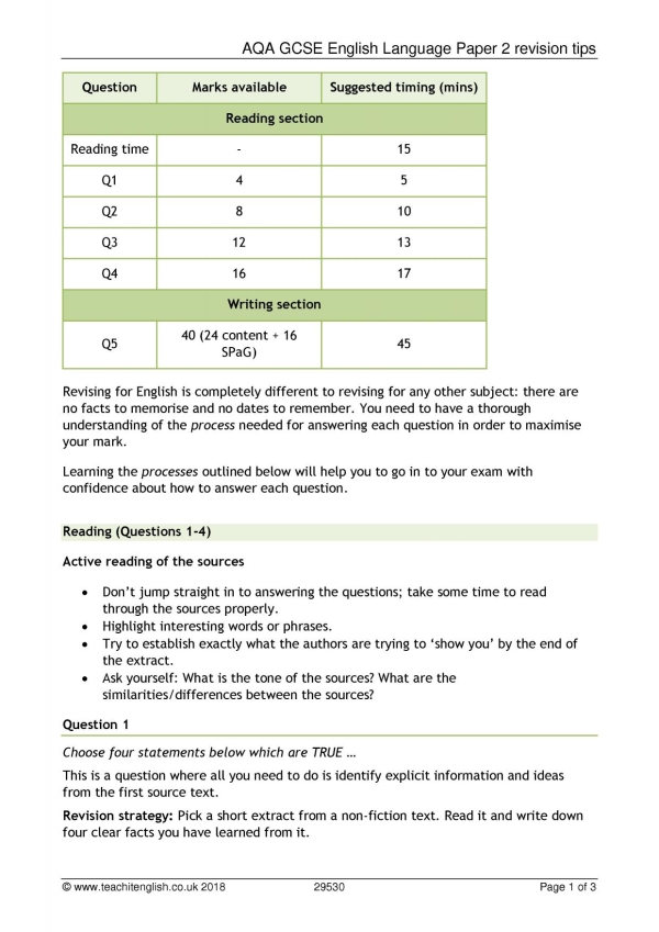 Revision tips | AQA GCSE English Language Paper 2 | KS4 English | Teachit