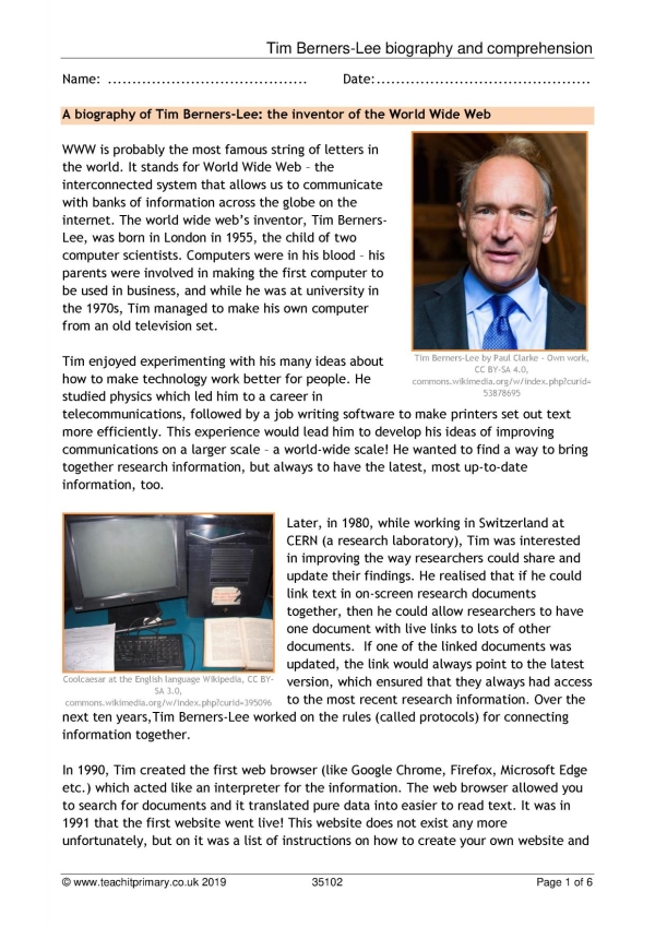Tim Berners-Lee | Computing | KS2 | Comprehension | Teachit