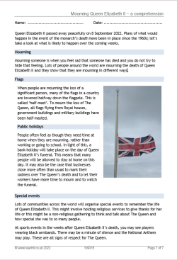 Mourning Queen Elizabeth II comprehension worksheet image